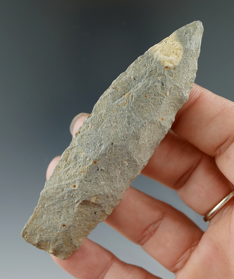 3 1/2" Paleo Stemmed Lanceolate found in Michigan.