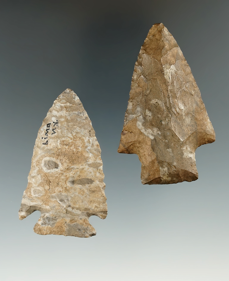 Nice pair of New York Onondaga Flint points found in Allegheny Co.,. Largest is 2 7/16".