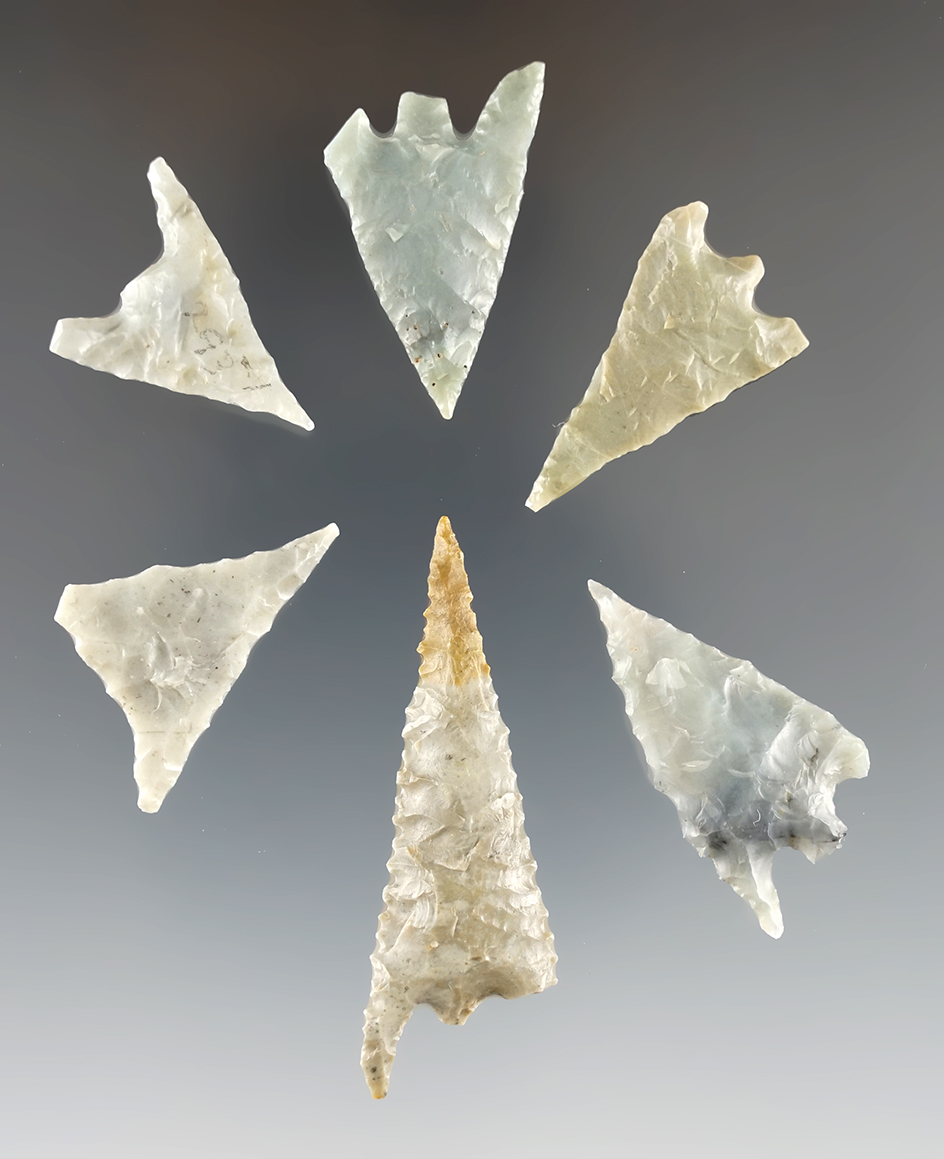 Set of six Gunther points made from Franciscan Chert found in Northern California, largest is 2".