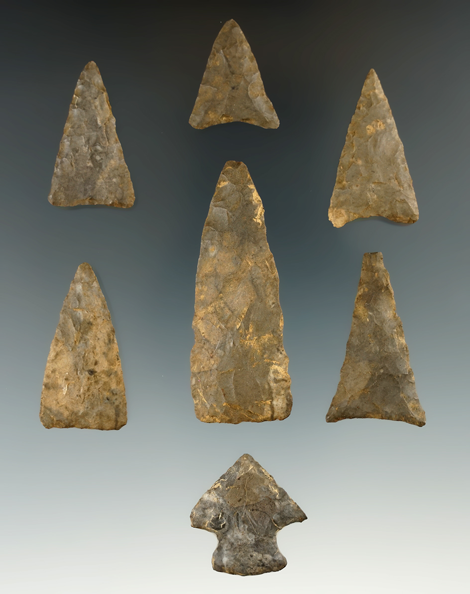 Set of seven assorted arrowheads found it Fort Hill, Wyoming Co., New York. Largest is 2 1/16"