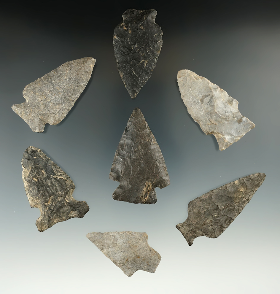 Set of seven flaked points and Knives found in New York, largest is 2 3/16".