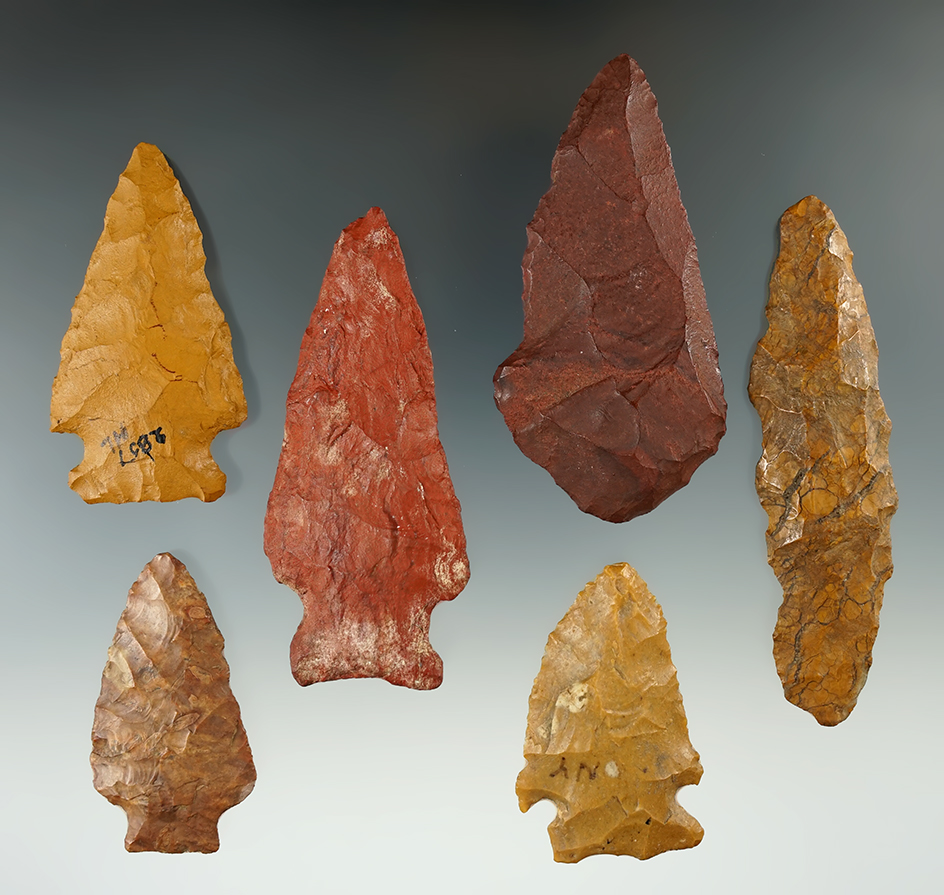 Group of six Jasper points and Knives found in New York, largest is 3 3/16".