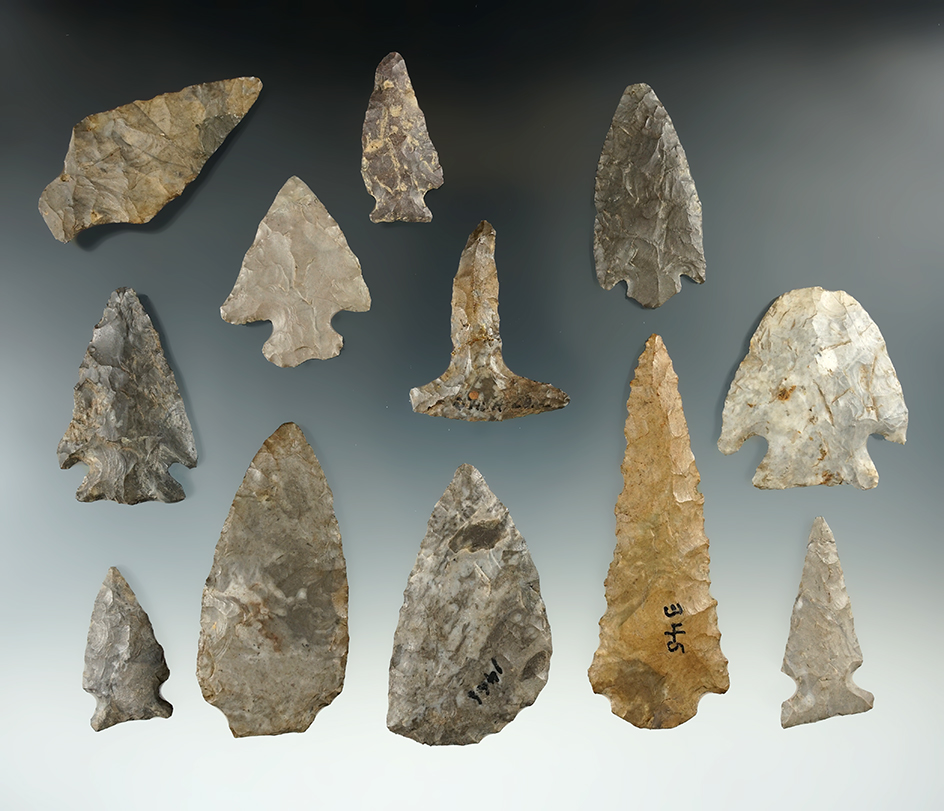 Group of 12 assorted points and Knives found in New York, largest is 3 1/4".