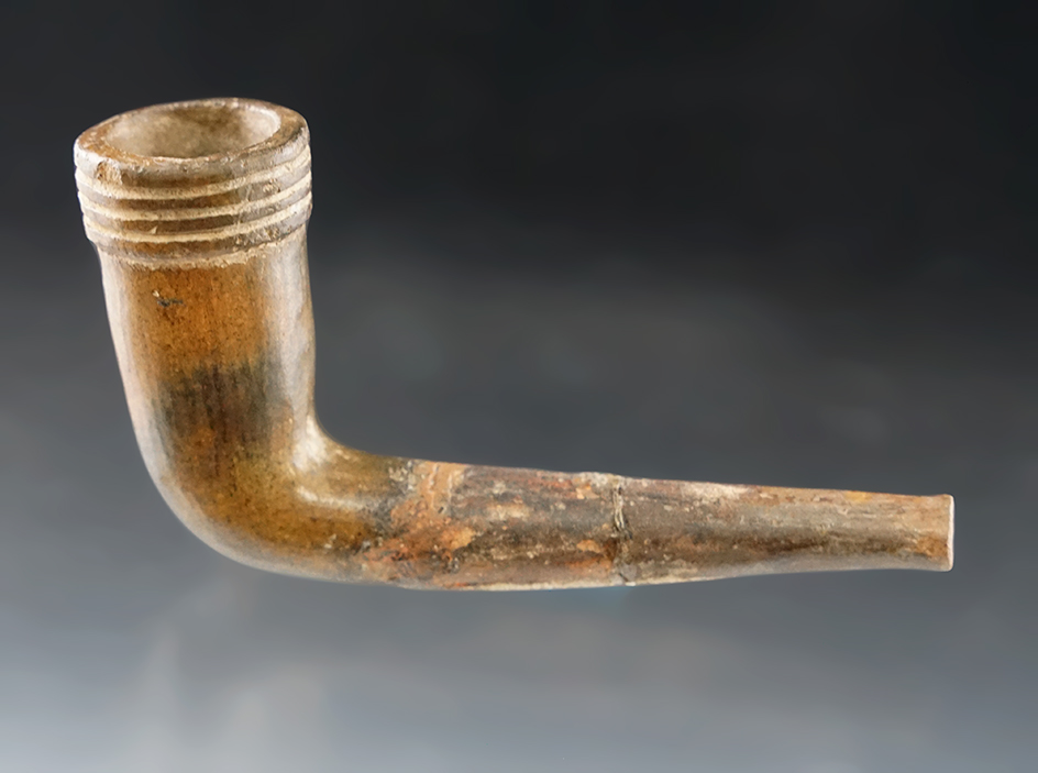 4 1/8" Ring Bowl Iroquois Clay Pipe with a broken and reglued stem in two places. New York.
