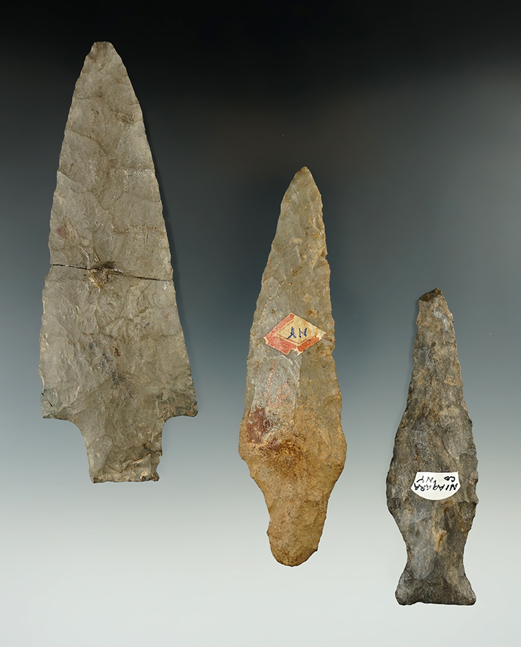 Set of three large Knives found in New York, largest is broken and glued and is 5" long.