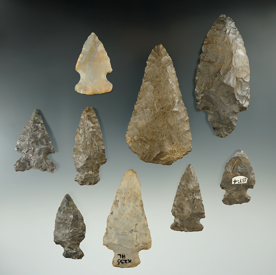 Set of nine assorted flaked points and Knives found in New York, largest is 3 1/4".