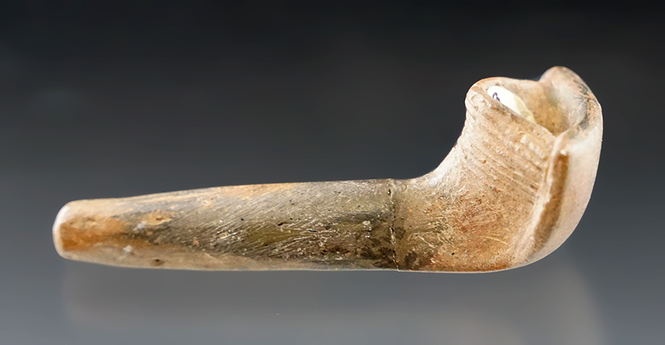 3" Wide Iroquois Clay Flared Bowl Pipe with nice incising to front of hole. New York. Restoration.