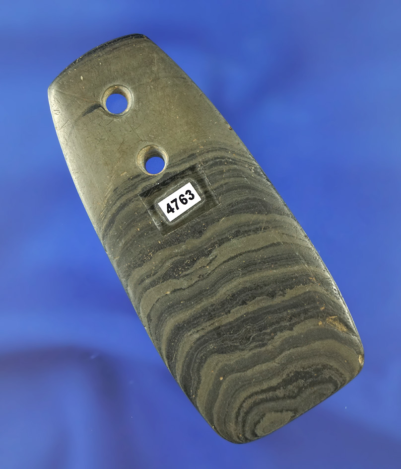 Beautiful banding on this very unique well styled 3 1/8" two hole Pendant found in Ohio.