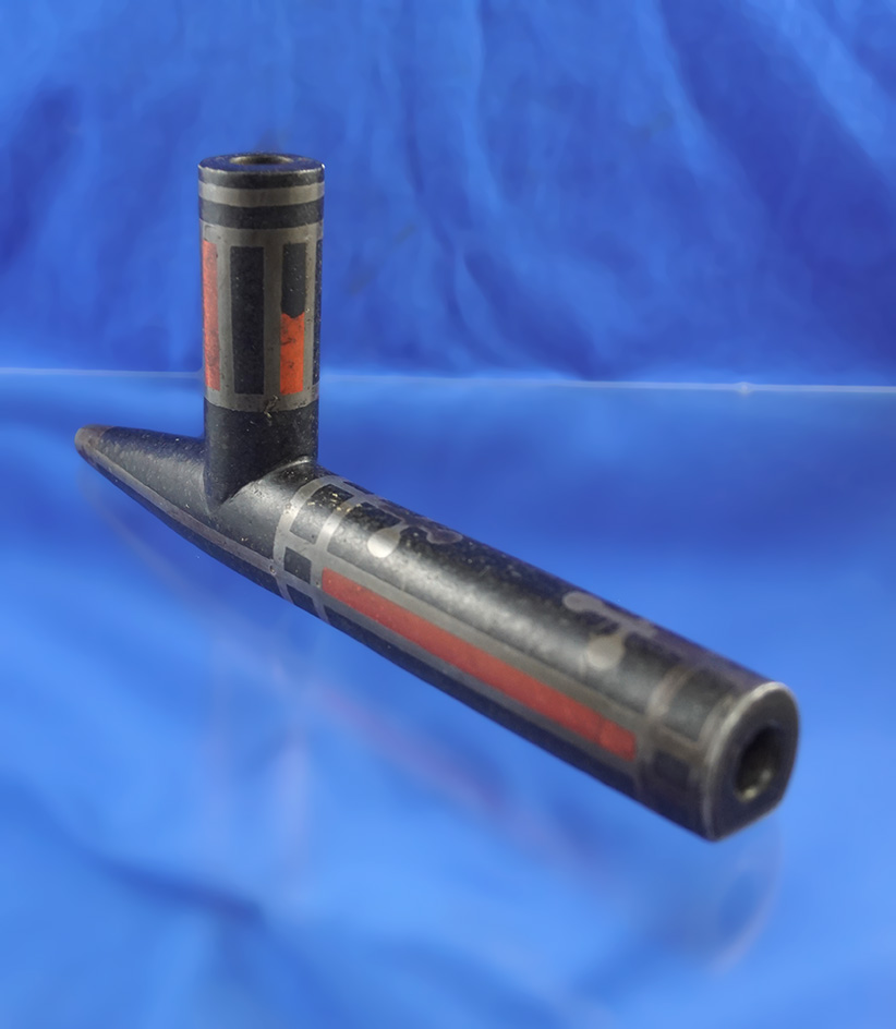Sale Highlight! Very large and exceptional 10" long black Steatite Pipe with beautiful inlays.