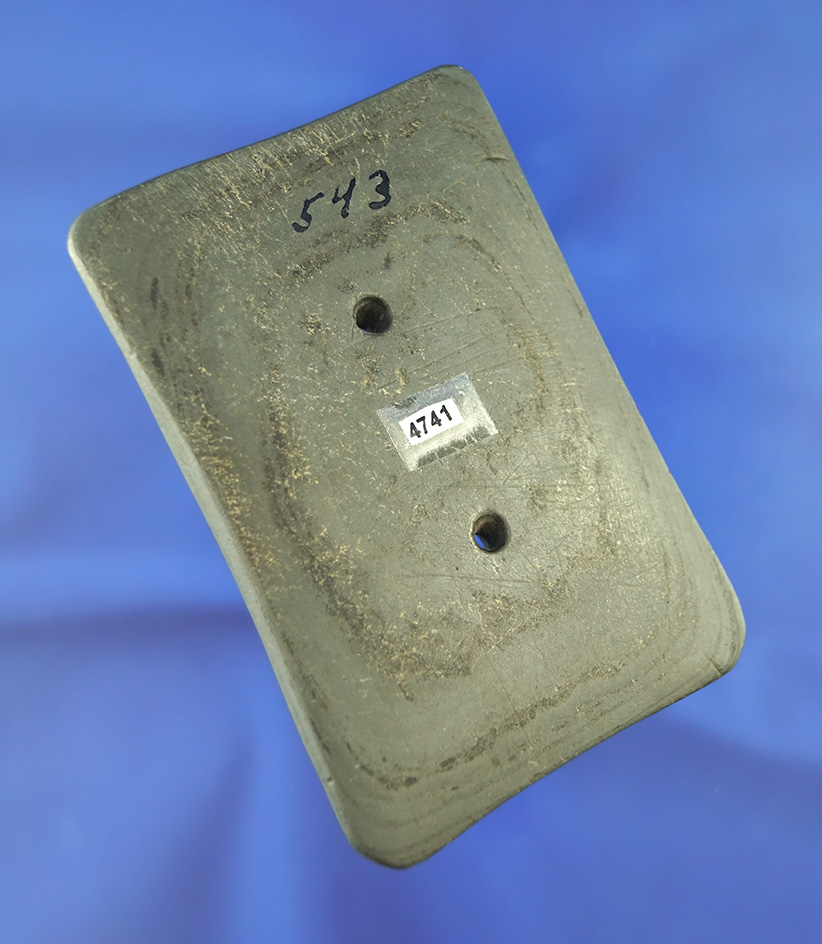 Rare style 3 5/16" Quadriconcave Gorget with four tally marks on edge found in Miami Co.,  OH.