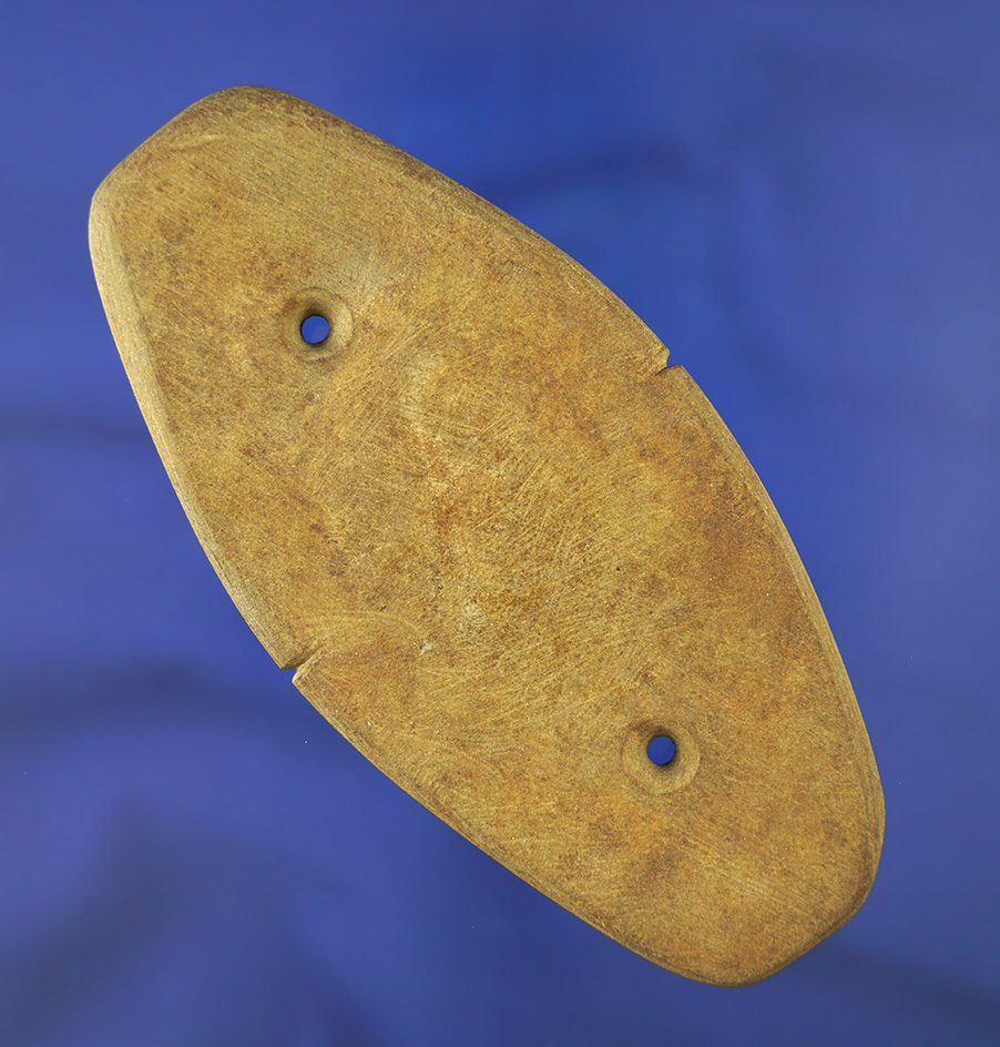 4 3/8" Gorget with unique notches at the mid-section found in Erie Co.,  Ohio.