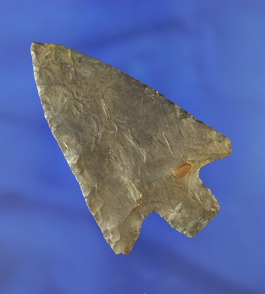 3 3/16" Buck Creek - Dover Flint, found in Tennessee. Minor restoration to stem corner.