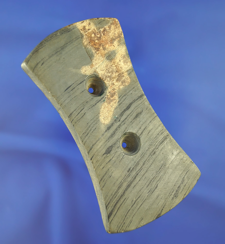 4 1/8" Bi-Concave Gorget with heavy patina and mineral deposits found in Miami Co.,  Ohio.