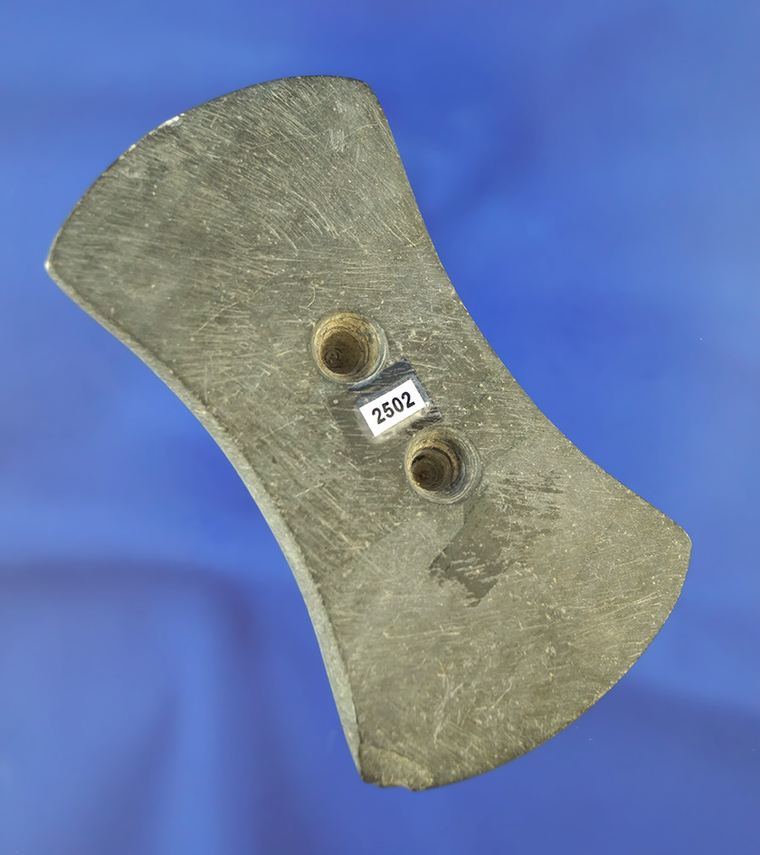3 11/16" Bi-Concave Gorget found in Van Wert Co.,  Ohio. Two holes were started, never finished.