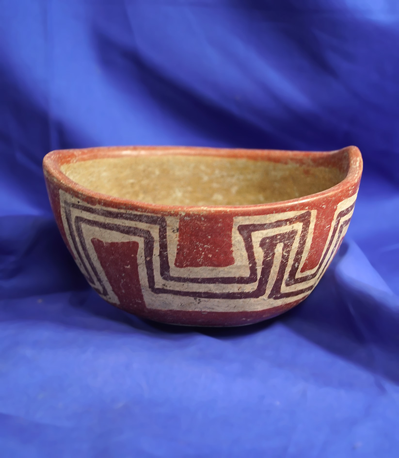 5 3/16" canoe shaped pre-Columbian pottery vessel with nice paint and good mineral deposits