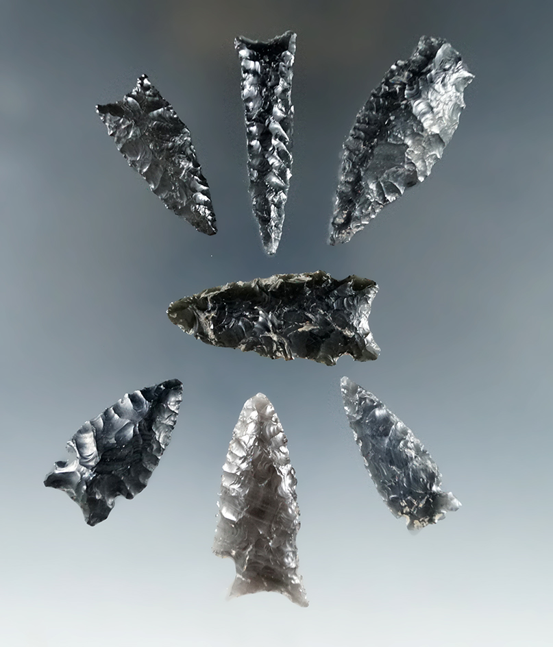 Set of 7 Obsidian Arrowheads found in California and Nevada, largest is 1 15/16".