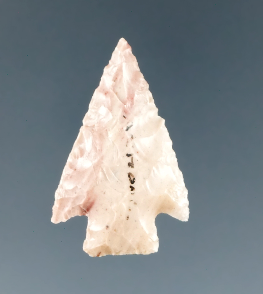 15/16" Cornernotch arrowhead made from pink and cream Flint, found in Arizona.