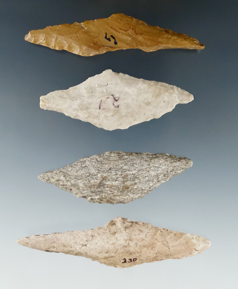 Set of 4 Harahey knives found in Kansas, largest is 3 3/8".