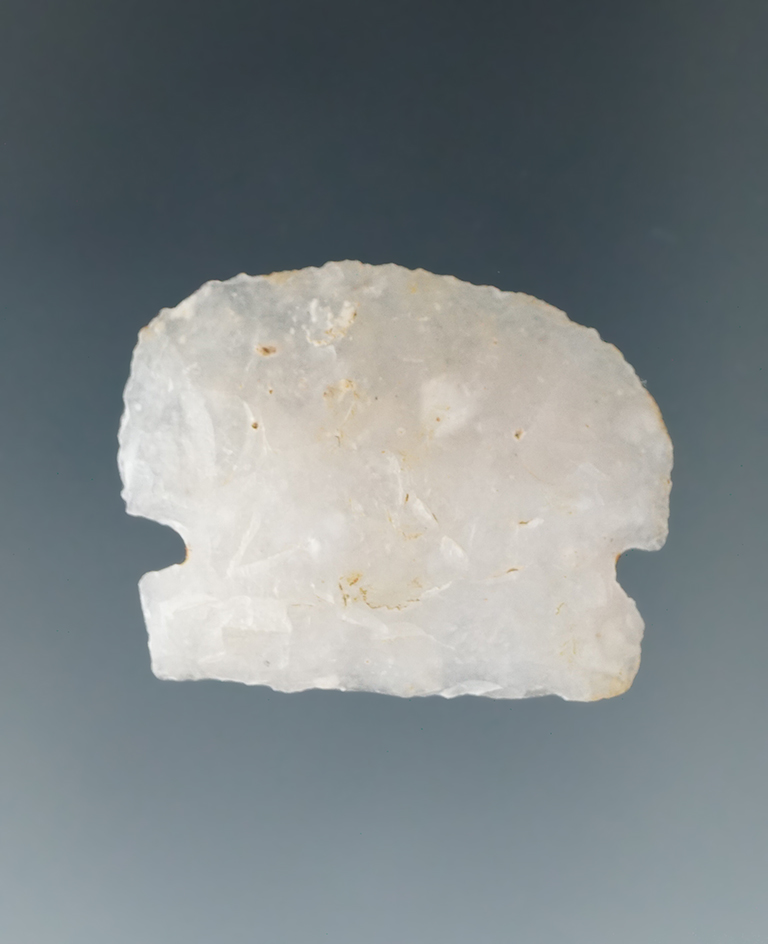 Ex. Museum! 1 1/4" Wide well flaked hafted scraper that is nicely translucent, found in New Mexico.