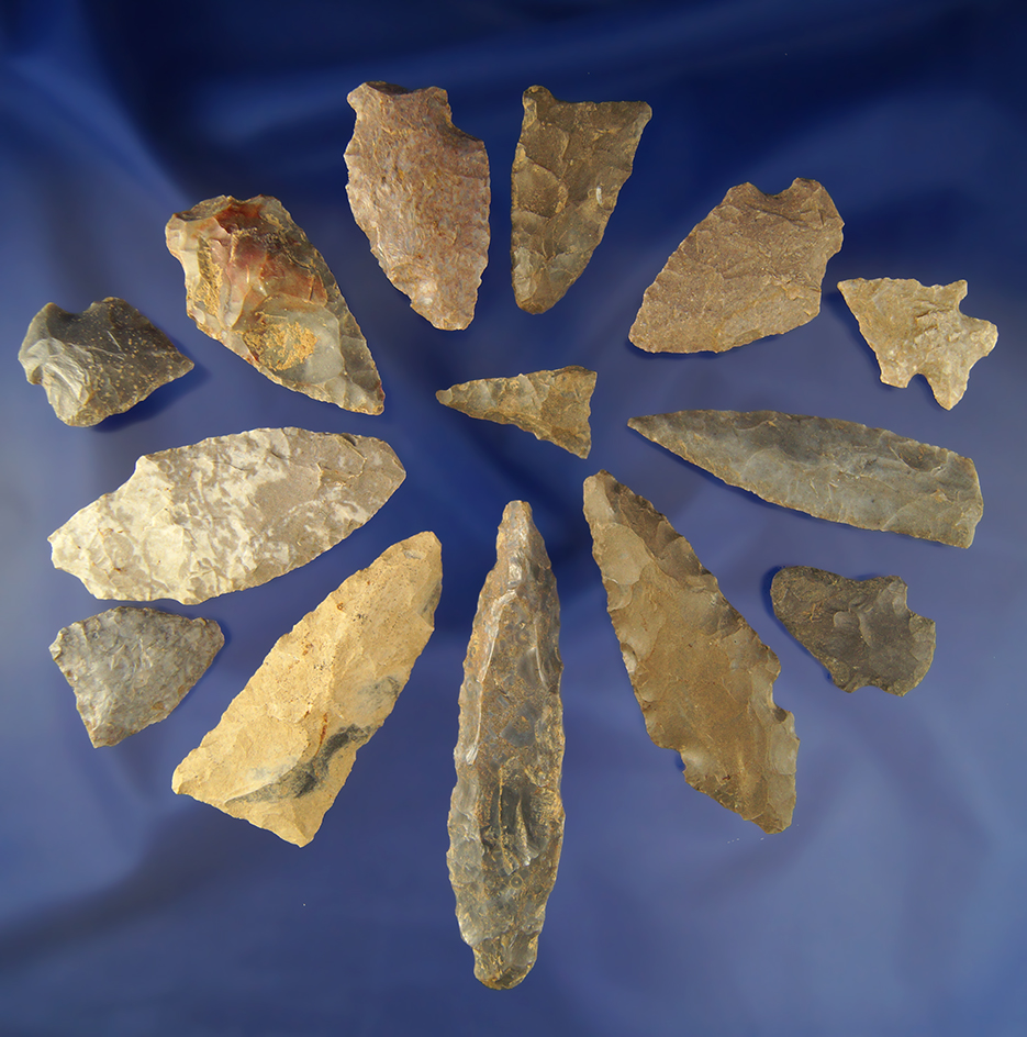 Nice group of assorted Arrowheads and Knives, largest is 3 3/4".  Creelsboro, Kentucky.