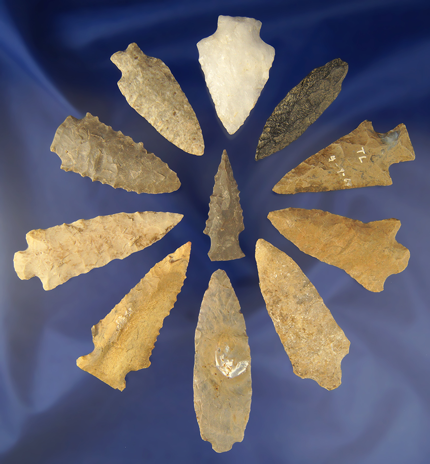 Set of 11 assorted Arrowheads found in Kentucky, largest is 2 7/8" from the Doc Stringer