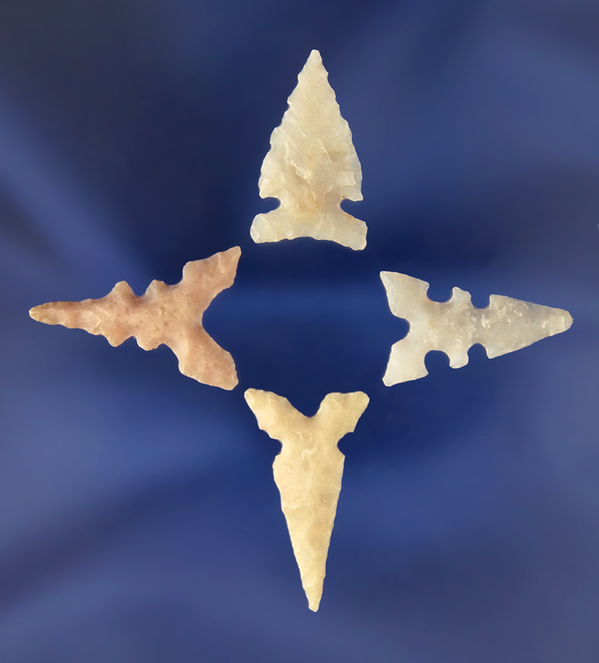 Set of four well styled Arrowheads, largest is 1" from the big Bend area, Val Verde Co., Texas.