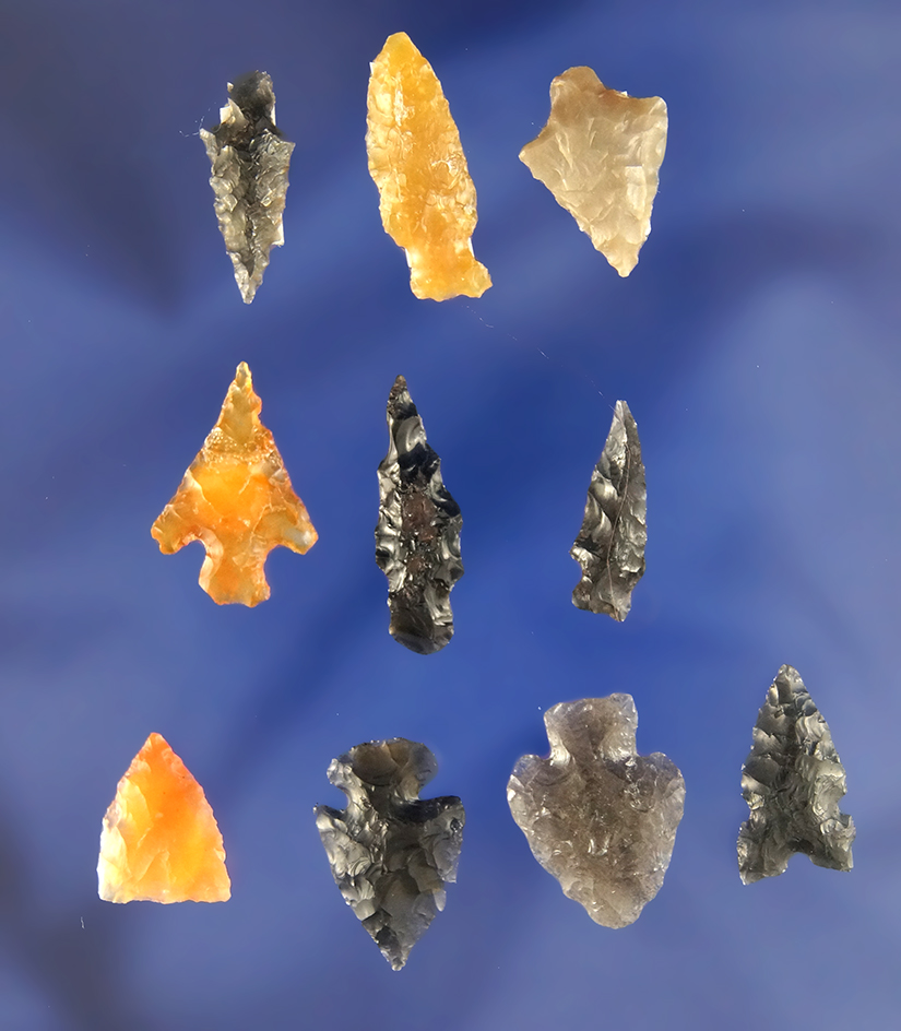 Set of 10 assorted Arrowheads found by R. D. Mudge in Nevada. Largest is 1"