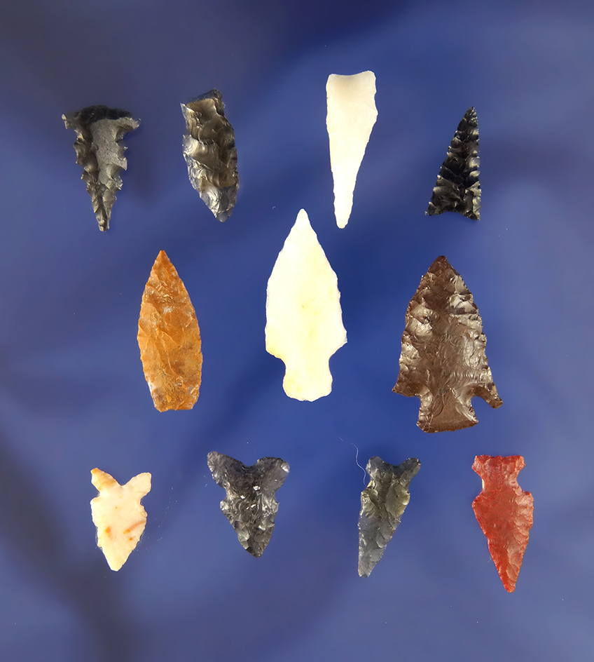 Set of 11 assorted Arrowheads found by R. D. Mudge in Nevada. Largest is 1 1/16".