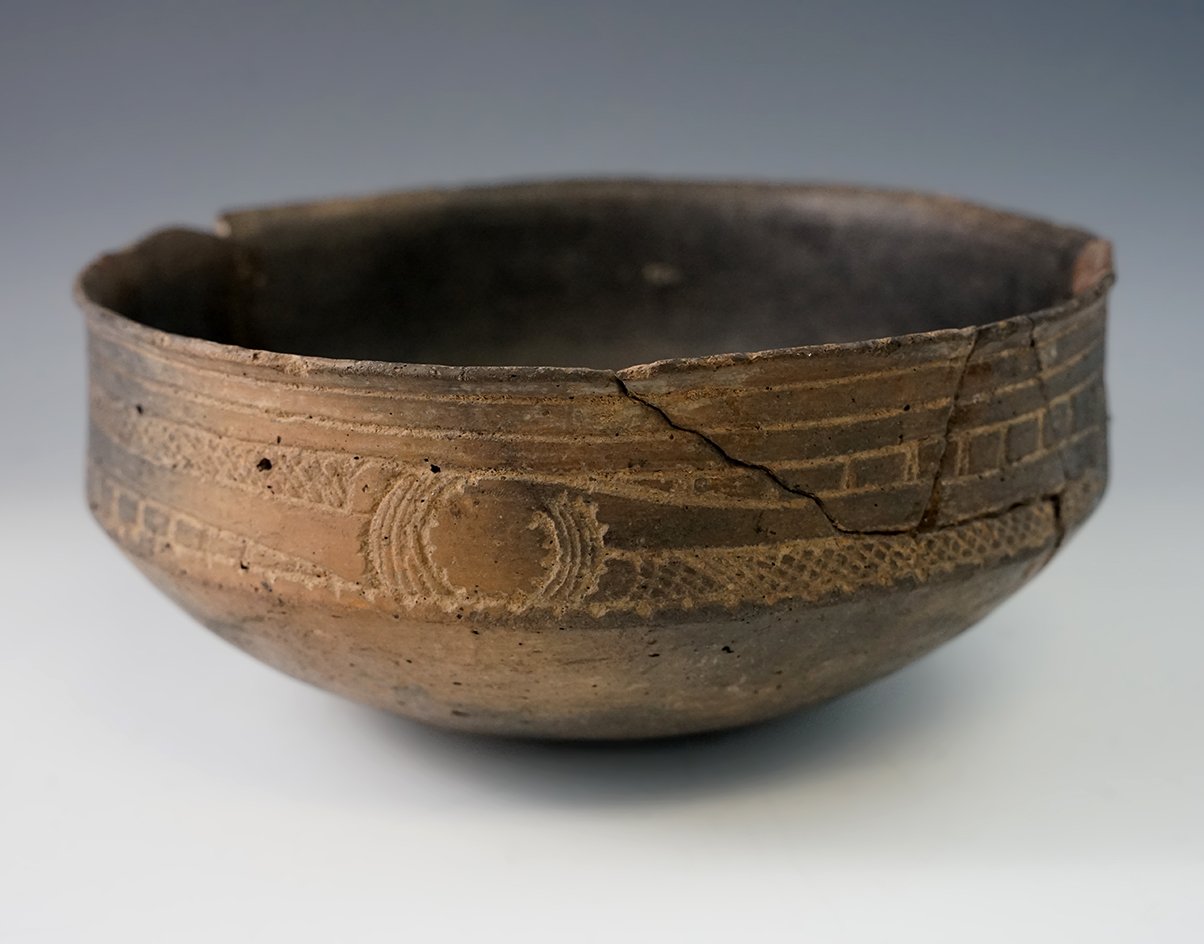 8 1/4" Wide Caddo Friendship Bowl with multiple reattached pieces, only minor filler.  Fisher Site.