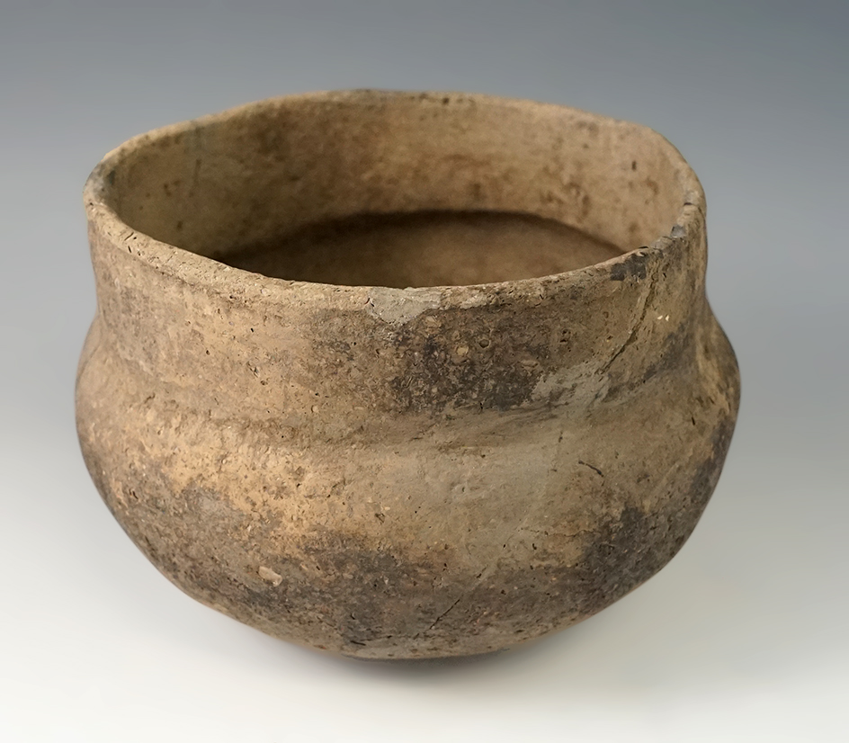 4 1/2" Wide by 3" Tall Pottery Vessel found in Arkansas. Some sealed cracks, only minor filler.