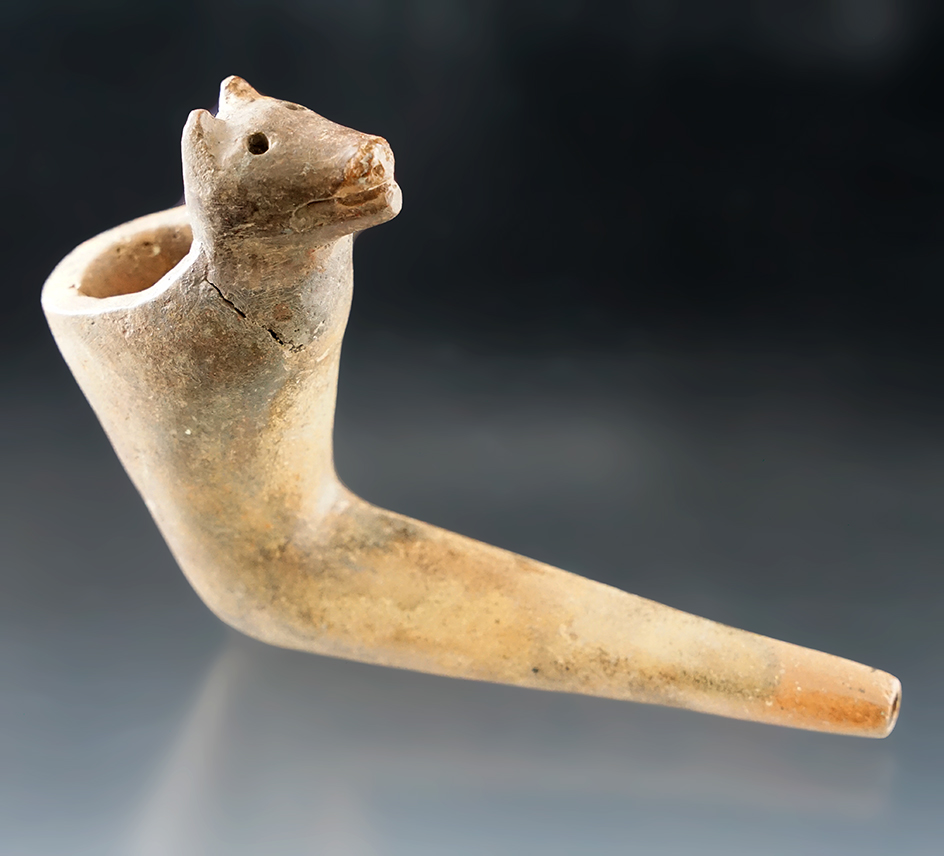 5" Long Bear Effigy Iroquois Clay Pipe found in New York with partial restoration to the bowl, ear.