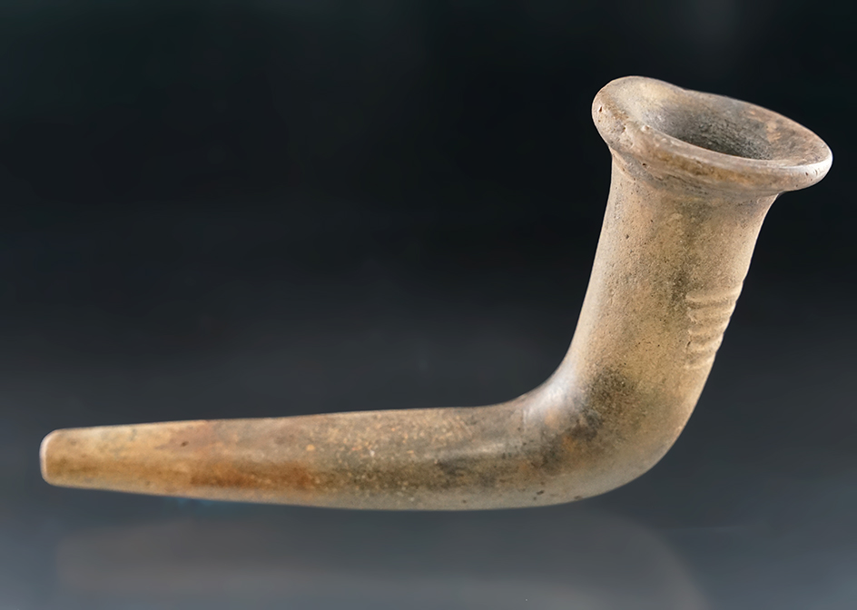5 1/2" Long Iroquois Clay Trumpet Pipe. Stem has been broken and nicely mended. New York.