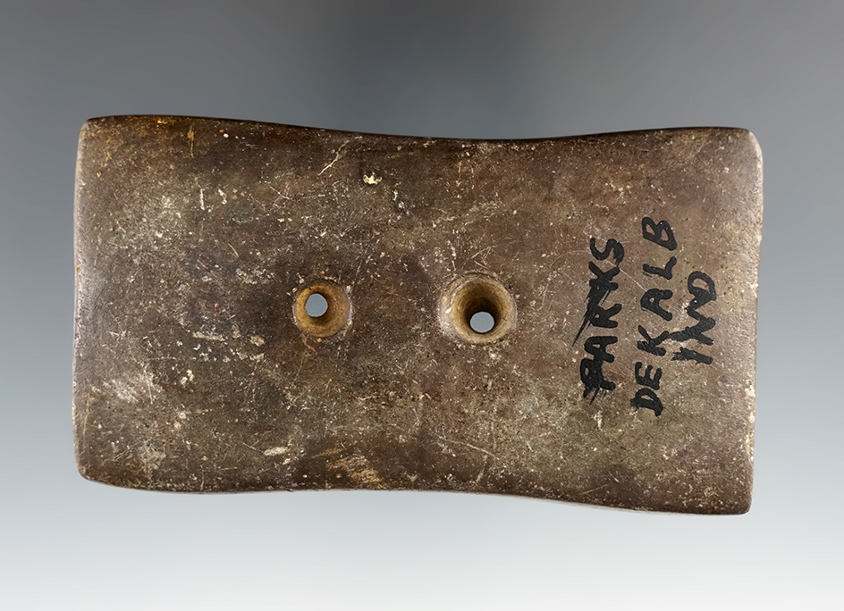 3 11/16" Bi-Concave Gorget found in DeKalb Co., Indiana. Ex. Parks, Terry Elleman, Ross Kirkland.