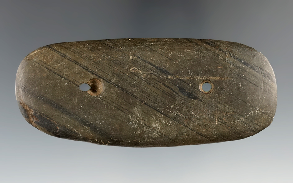 3 15/16" Gorget. Slate. Wyoming Co., New York. Ex. Mickey Taylor, Ross Kirkland. Davis G-8 COA.