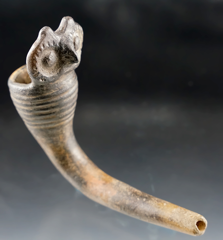4 5/8" Long beautifully styled Horned Owl Effigy Iroquois Clay Pipe found in New York.