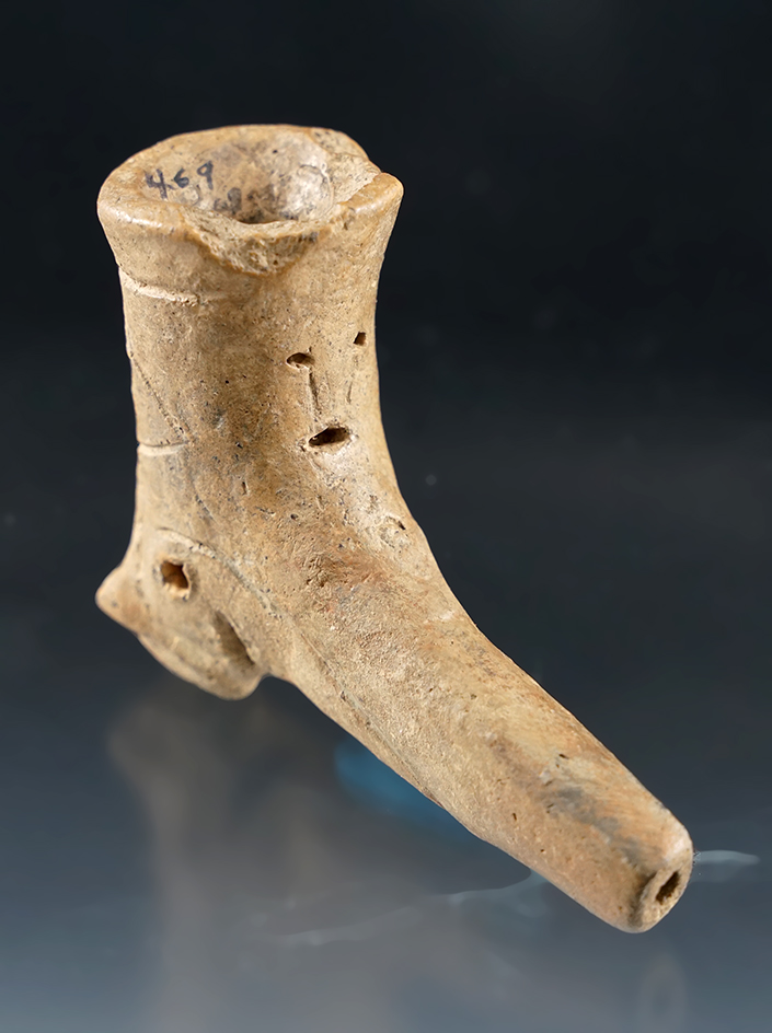 Unique! 3 1/4" Long Iroquois Clay Pipe with zoomorphic and human maskette effigy.  New York.