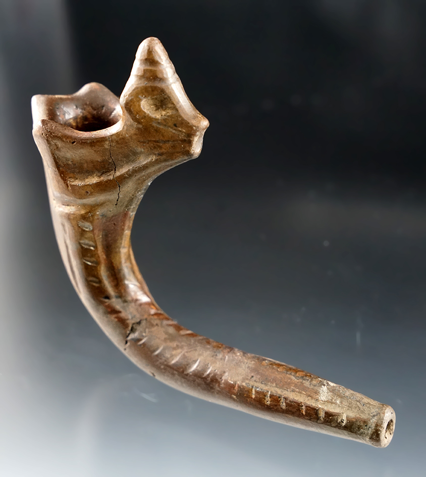 4 5/8" Long Huronian Clay Pinched Face "blower" Pipe found in New York. Partial restoration.