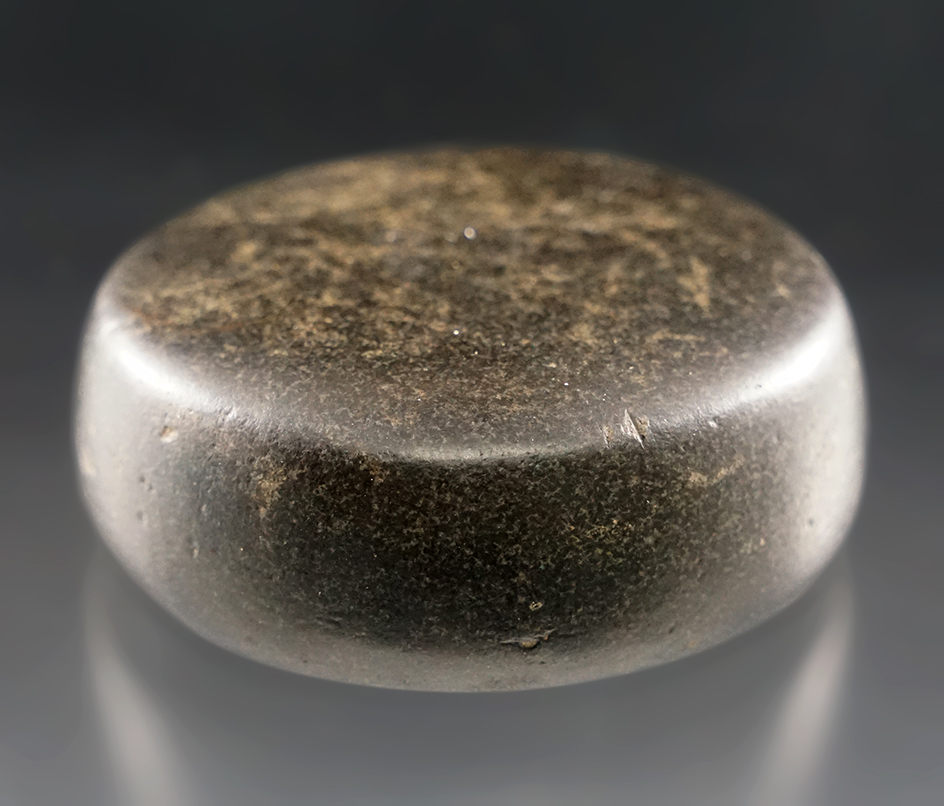 2 7/8" Diameter Black Diorite Biscuit Discoidal. Hamilton Co., Ohio. Ex. Jed, Ex. Yoder, Ex. Mumaw.