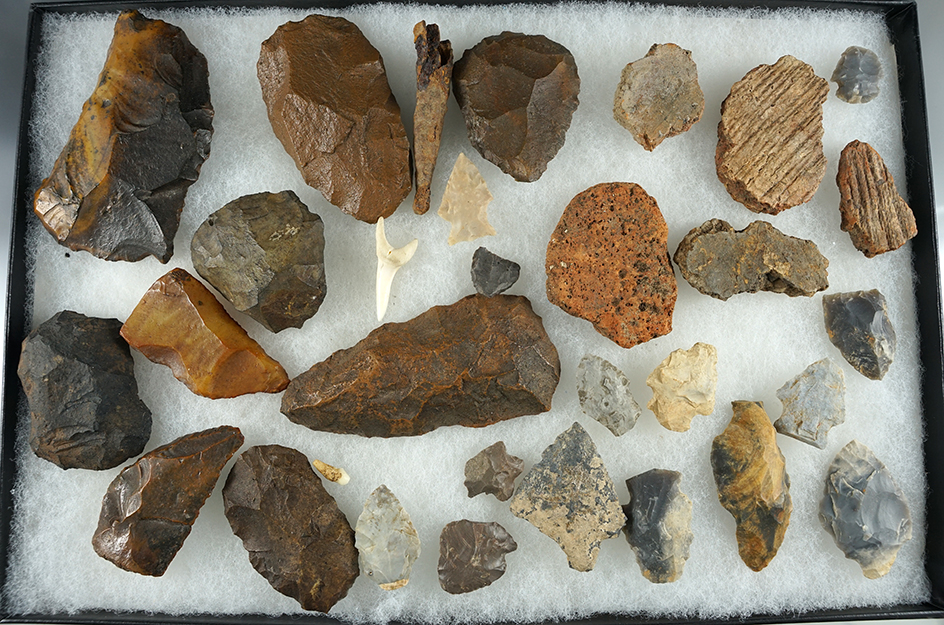 Group of assorted arrowheads, pottery shards from various areas and some uniface Florida Knives.