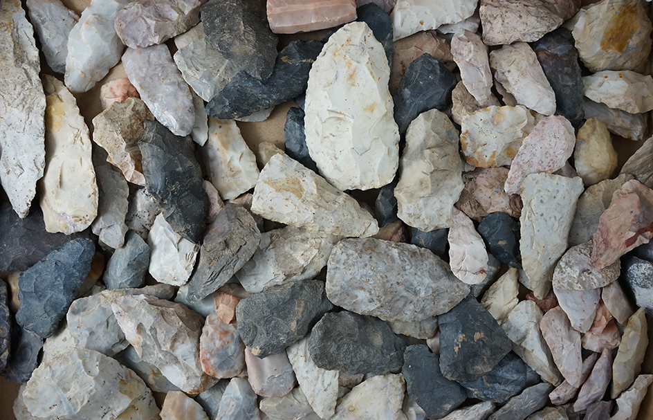 Large flat of Knives, Scrapers, Cores and Blanks made from mostly Coshocton and Flint Ridge Flint.