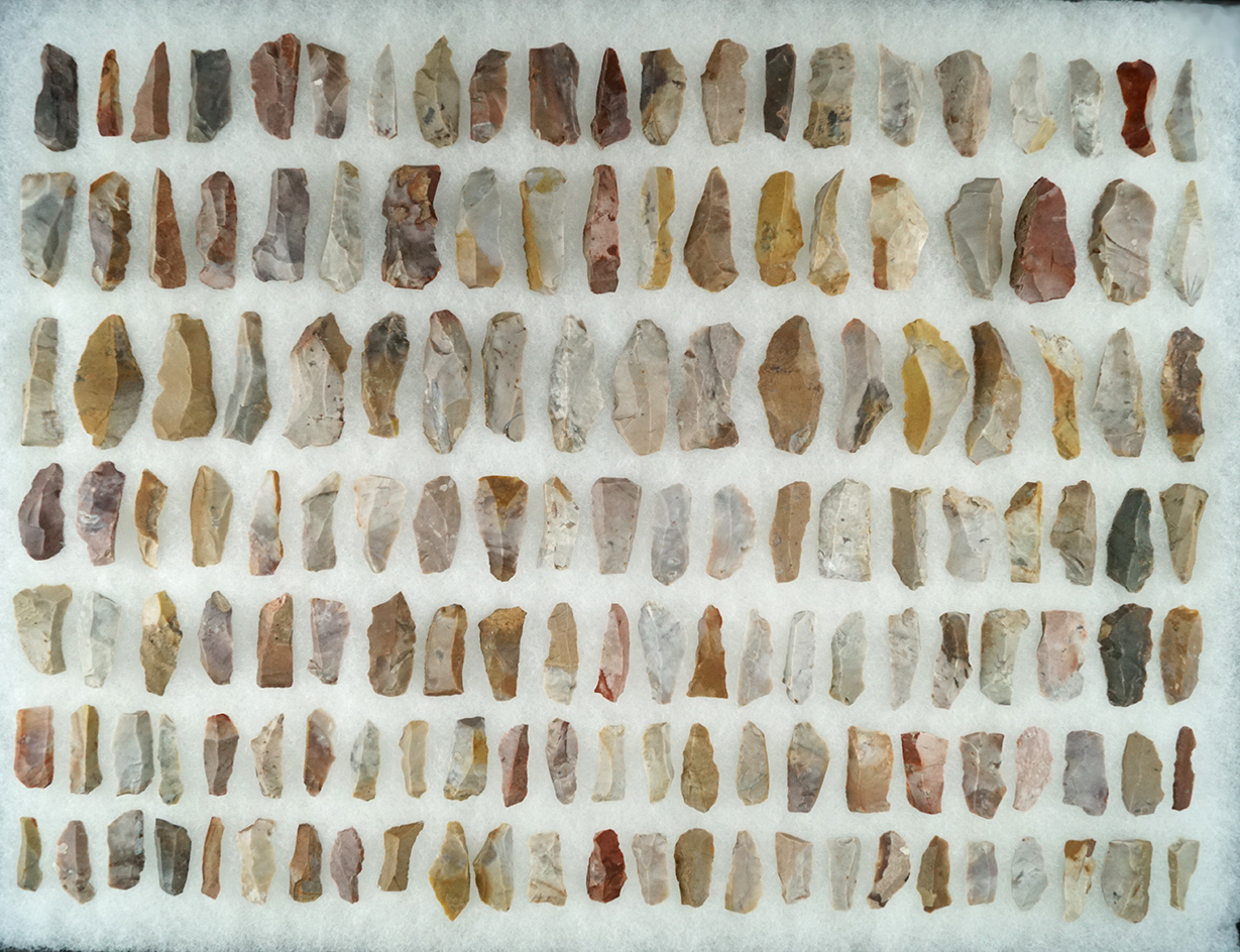 Large group of mostly Flint Ridge Flint Hopewell Bladelets found in North Central Ohio.