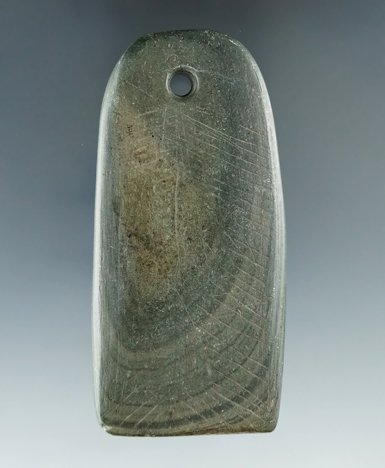 3 5/16" Hopewell Trapezoidal Pendant that is engraved on both sides. Found in Hancock Co., Ohio.