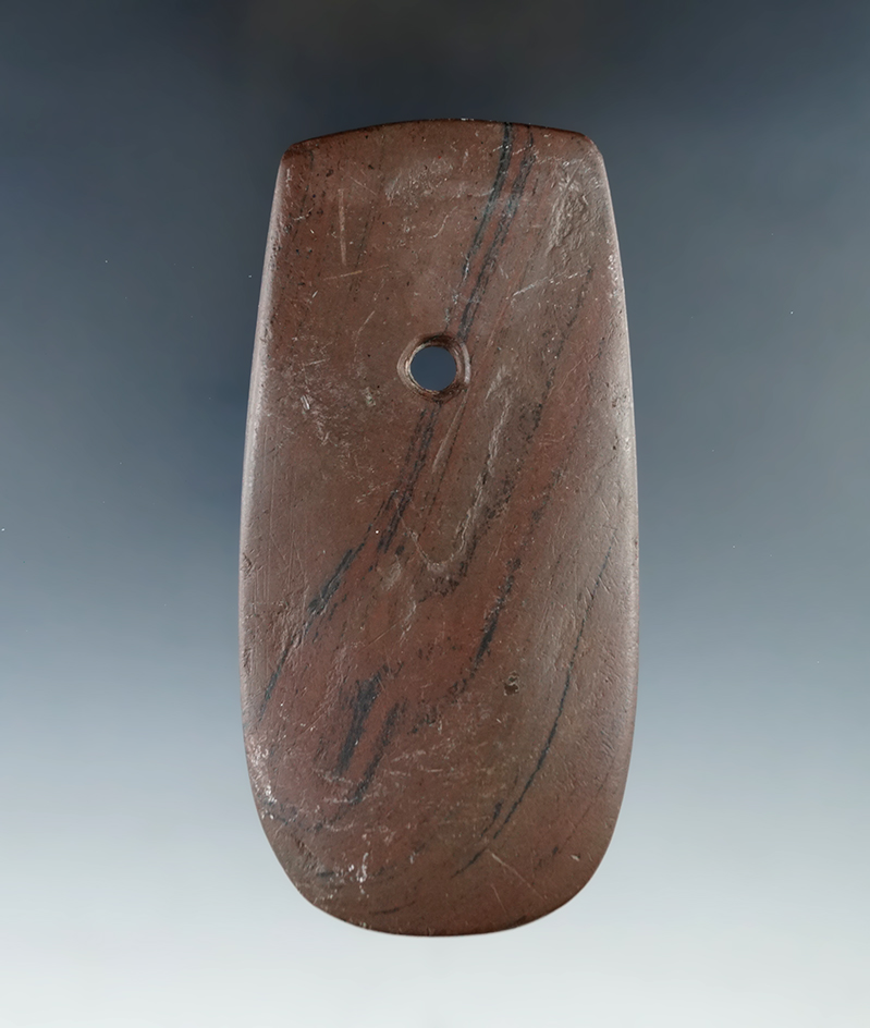 3 15/16" Adena Trapezoidal Pendant made from red and black Slate, found in Seneca Co., Ohio.