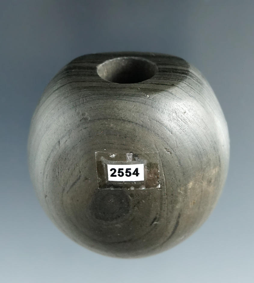 1 13/16" Fluted Ball Bannerstone made from nicely Banded Glacial Slate, Ohio. Ex. Earl Townsend.