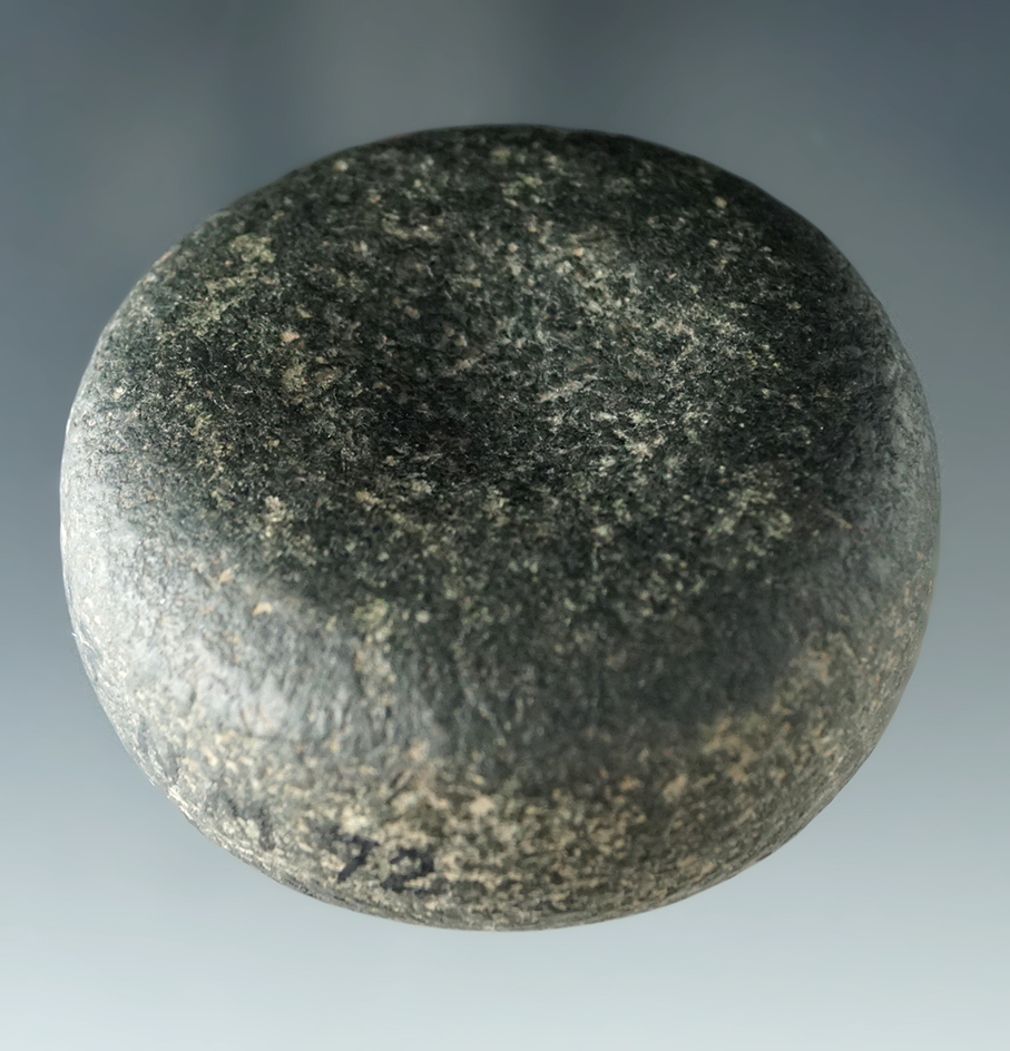 2 1/4" Hardstone Discoidal that is dimpled on both sides, found in Ohio, very well patinated.