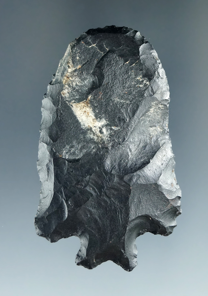 2 1/2" Extremely rare Zaleski Flint hafted Bifurcate Scraper found in Huron Co. Ohio.