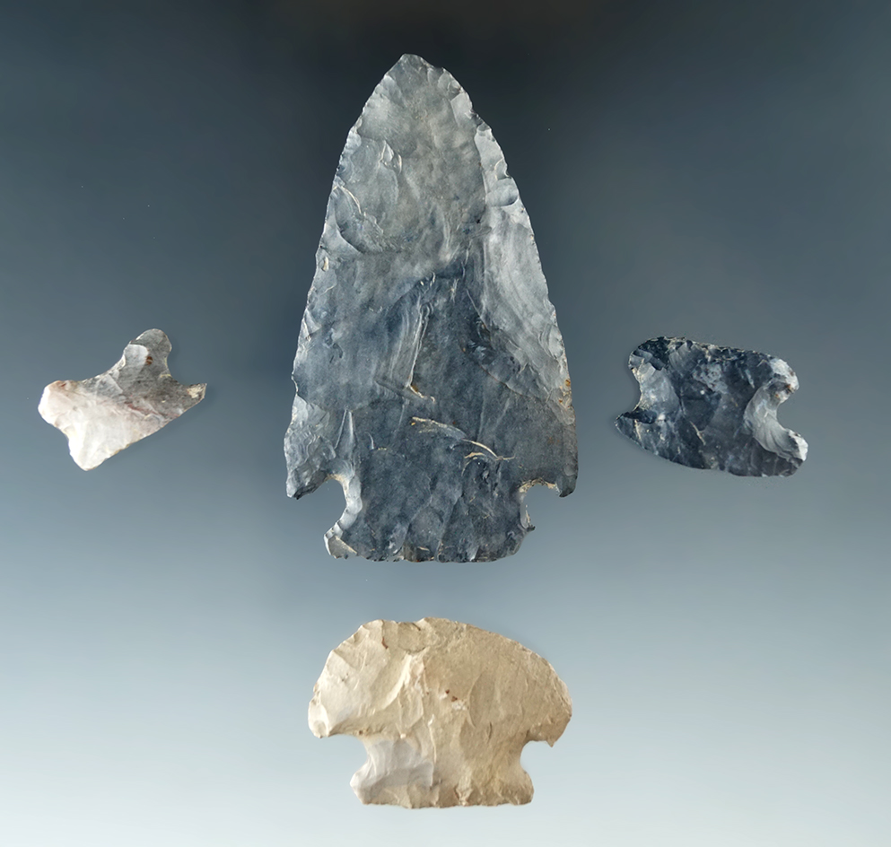 Set of four Ohio artifacts including three hafted scrapers and a thin 2 5/8" cornernotch.