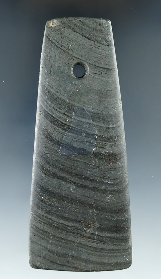 4 1/16" Hopewell Trapezoidal Pendant found in Huntington Co., Indiana. Ex. Joe Macick (#JM/S-4).