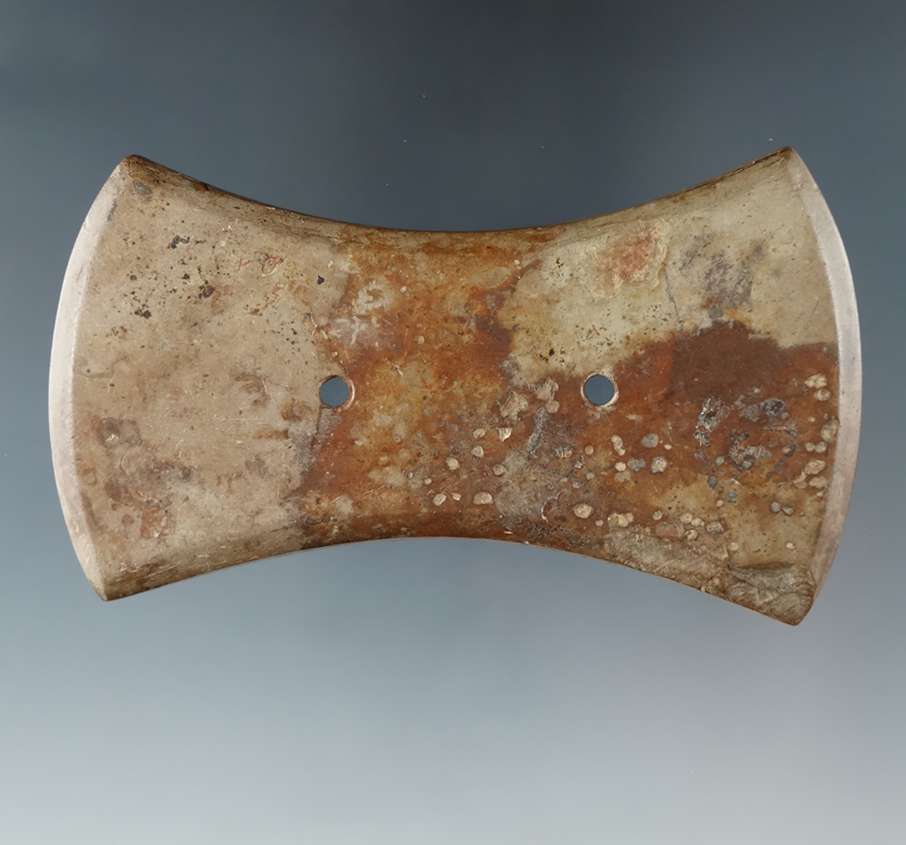 3 5/8" Adena Bi-Concave Gorget made from Shale, found in Steuben Co., Indiana.