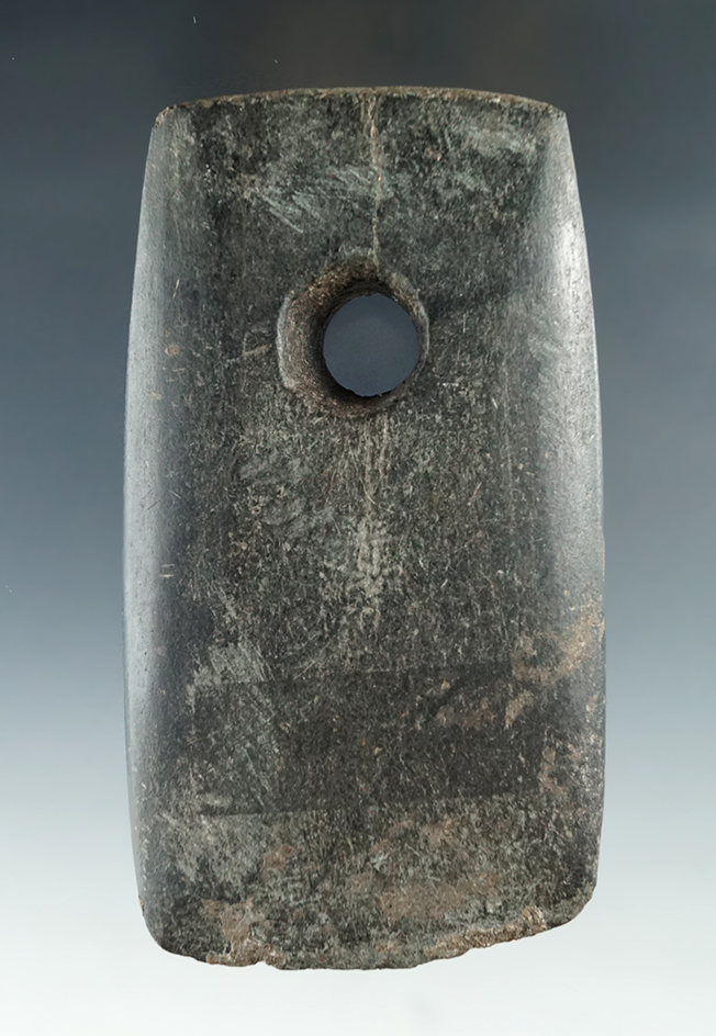 Very unique! 4 3/4" Perforated Axe with heavy mineral deposits on surface. Neolithic China.